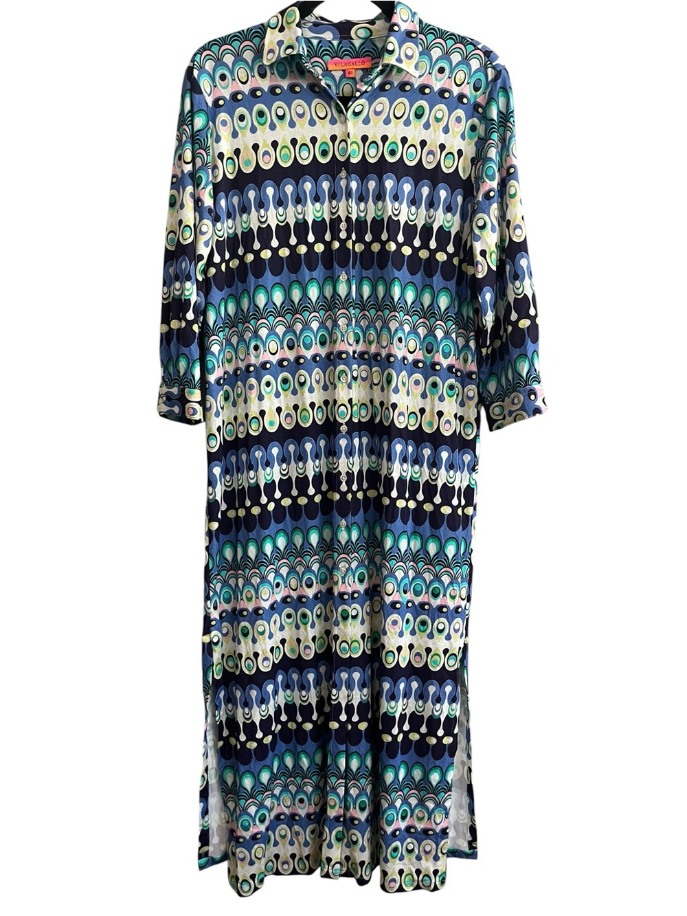 Vilagallo Retro Geometric Peacock Print Maxi Shirt Dress Blue Pink Size 40